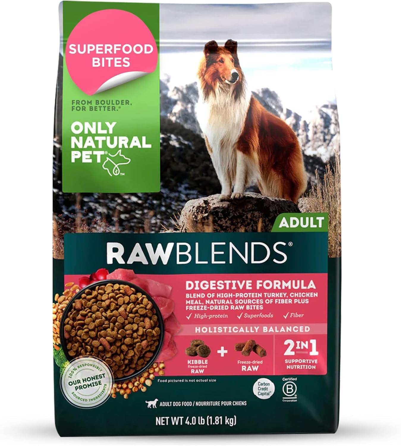 Raw Blends - High-Protein Dog Food with All-Natural Ingredients, Nutritious Whole Grains & 100% Raw Meat Bites for Balanced Nutrition & Holistic Health, Ideal for Large Breeds, 4 Lb
