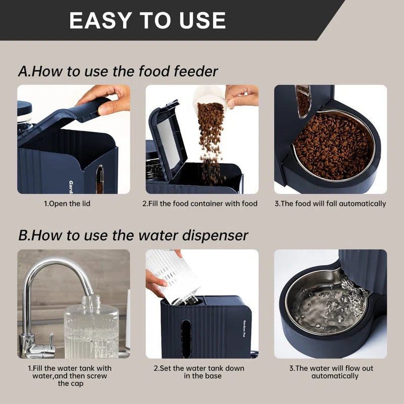 Automatic Gravity Cat Food Feeder and Water Dispenser Stainless Steel Two-In-One Set
