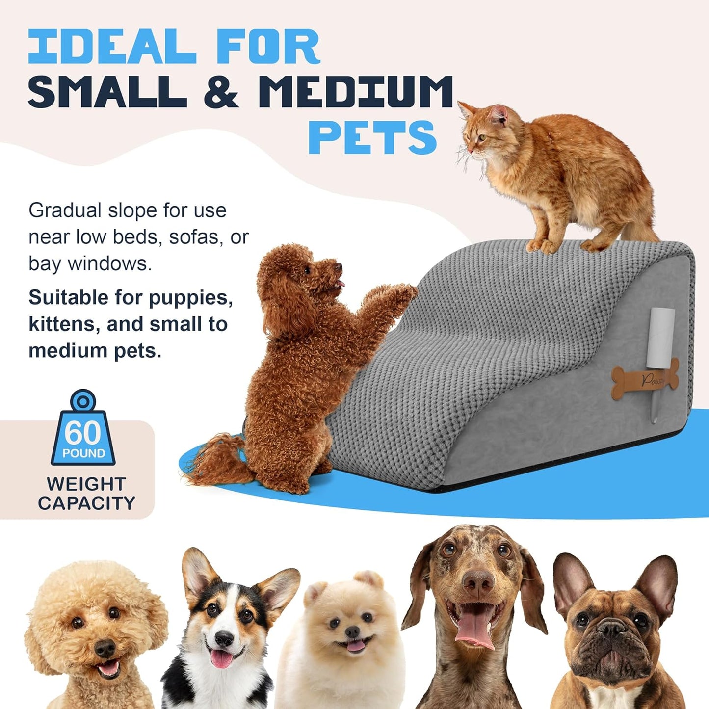 Foam Pet Stairs for Small Dogs & Cats – 2-Step Dog Ramp 12” High, Wide Non-Slip Steps for Bed & Couch – Washable Pre-Fitted Cover (No Assembly Required), Waterproof Base – Grey