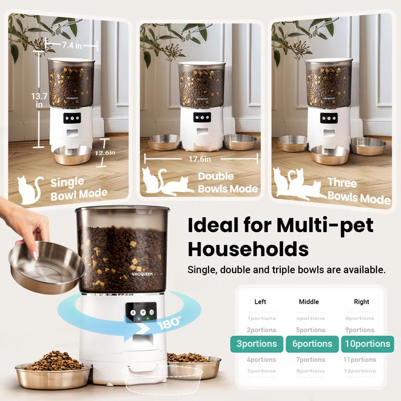Automatic Cat Food Dispenser with 3 Bowls for 3 Cats & 6L Volum Capacity, 2.4G Wifi with APP Remote Feeding