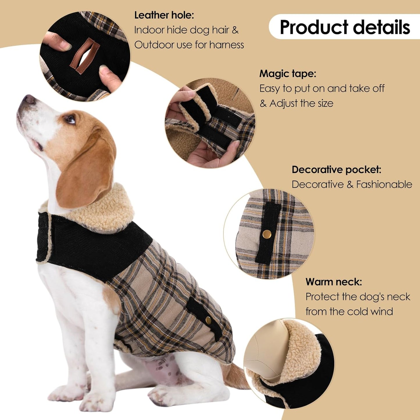 Dog Winter Coat for Small Dogs, Puppy Solid Jacket, Pet Warm Coat for Cold Weather, Windproof Pets Thickened Outfits Garments Indoor Outdoor, Beige XS
