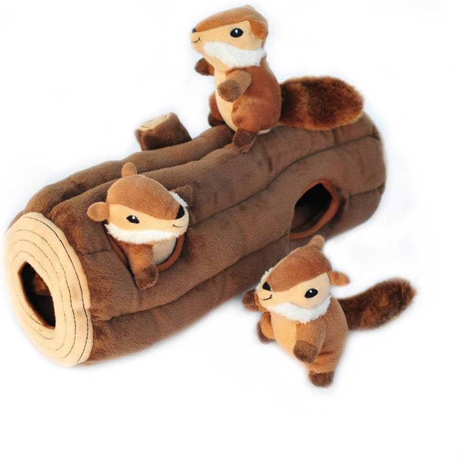 Burrow- Interactive Dog & Puppy Toys for Boredom, Stimulating Pet Products to Keep Them Busy, Hide & Seek Plush Dog Puzzles, Squeaky Toy for Enrichment, for Small & Medium Dogs- Chipmunk Log