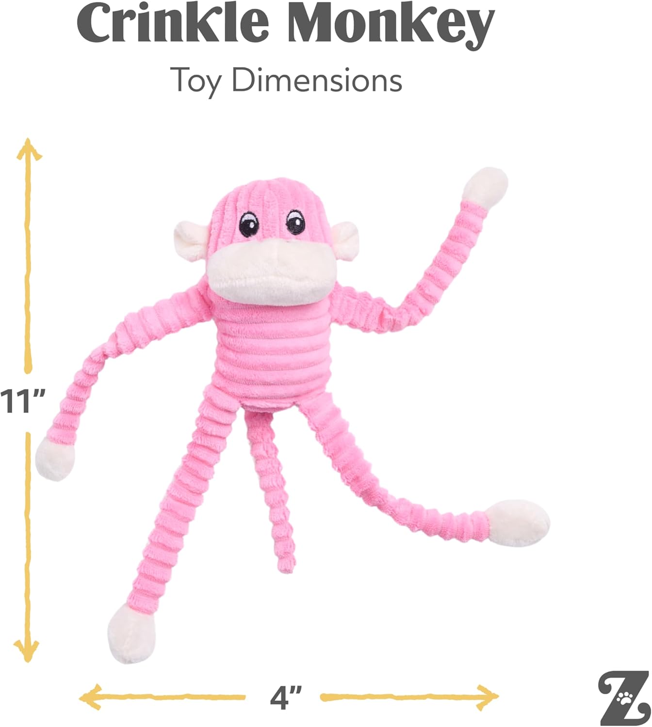 Crinkle Monkey - Interactive Dog Toys to Keep Them Busy, Squeaky Plush Pet Toy for All Breeds, Cute Gift for Small and Medium Dogs, Contains 1 round Squeaker - Small, Pink