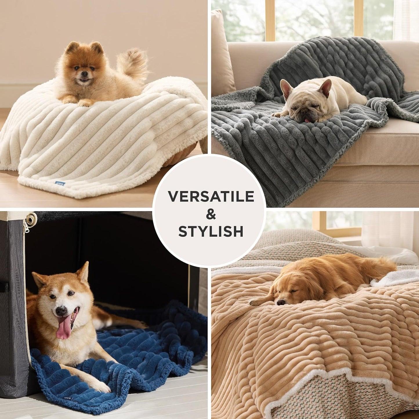 Waterproof Dog Blankets for Large Dogs - Soft Pet Cat Blanket Corduroy Fleece for Couch Bed Protector Washable, Cozy Calming Reversible Furniture Protection for Puppy,50"X60", Cream