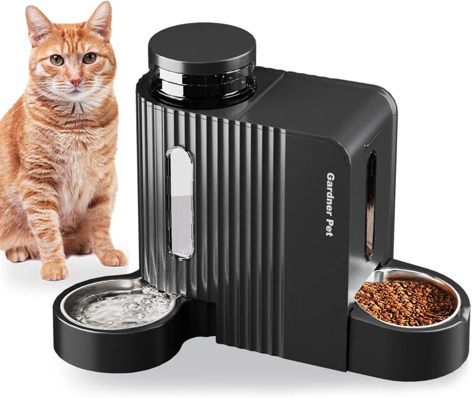 Automatic Gravity Cat Food Feeder and Water Dispenser Stainless Steel Two-In-One Set