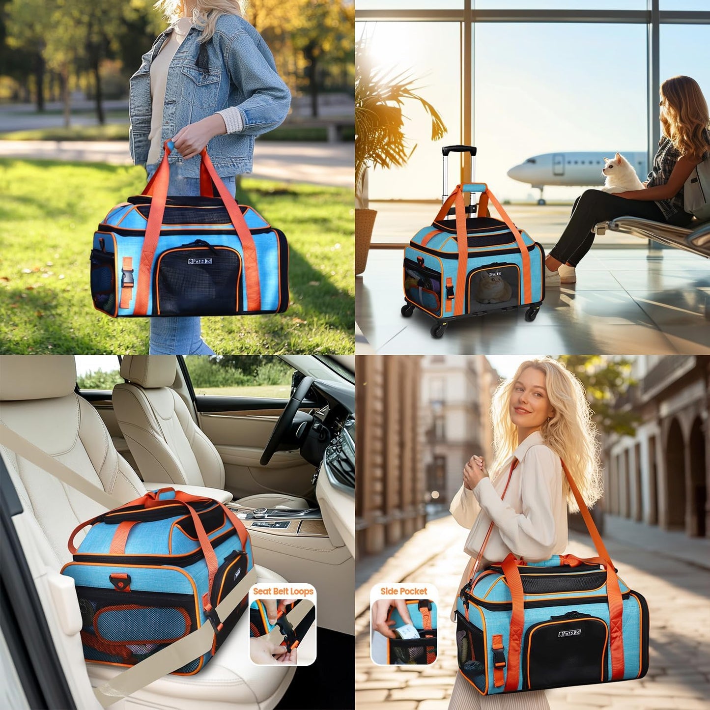 Top-Expandable Pet Carrier with Wheels 19X13X9 Inches Southwest Allegiant Airlines Approved, Soft-Sided Carrier for Small Dog under 12 Lbs and Large Cat under 15 Lbs(Blue)