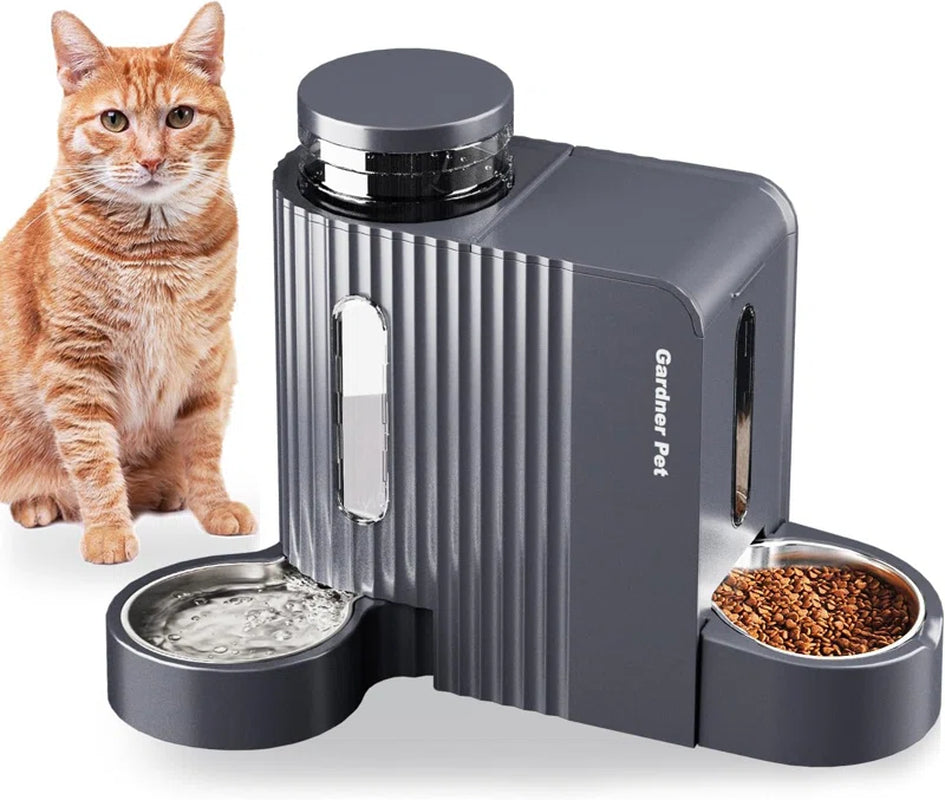 Automatic Gravity Cat Food Feeder and Water Dispenser Stainless Steel Two-In-One Set