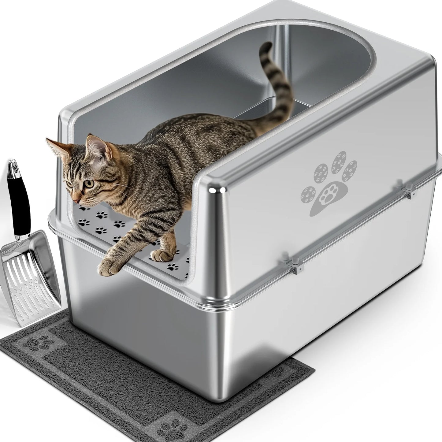 Stainless Steel Litter Box with Lid Large Cat Litter Box Metal Litter Pan 23.6" X 15.7" X 11.8"