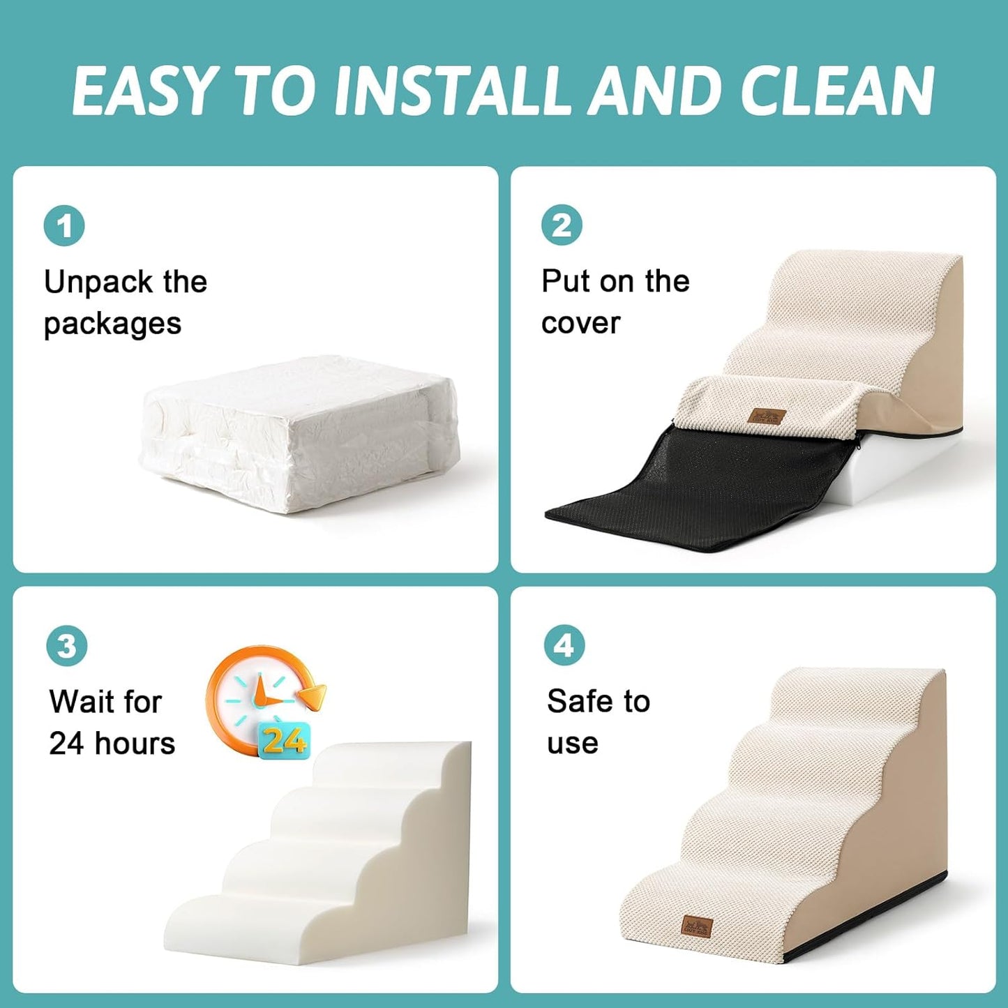Dog Stairs for Small Dogs 15.7" H, Curved Dog Step for Puppy, Older Cat, Medium Pet Ramp for Sofa, Couch or Chair, Ladder with High Density Foam, 15.7X22.4X15.7 Inch, 3 Step, Beige
