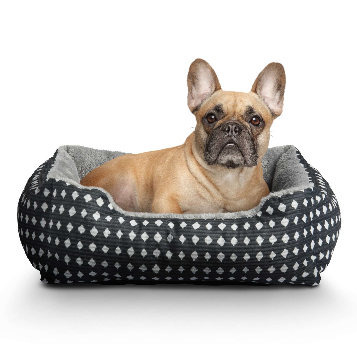 Bed for Dogs & Cats, Plush Cuddler, Portable, Machine Washable, Black & White Diamonds, 19" × 15"