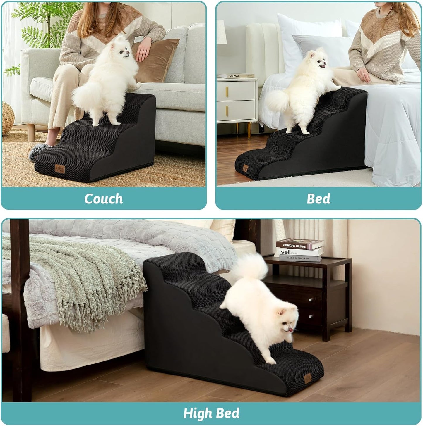 Dog Stairs for Small Dogs 15.7" H, Curved Dog Step for Puppy, Older Cat, Medium Pet Ramp for Sofa, Couch or Bed, Ladder with High Density Foam, 15.7X22.4X15.7 Inch, 3 Step, Black