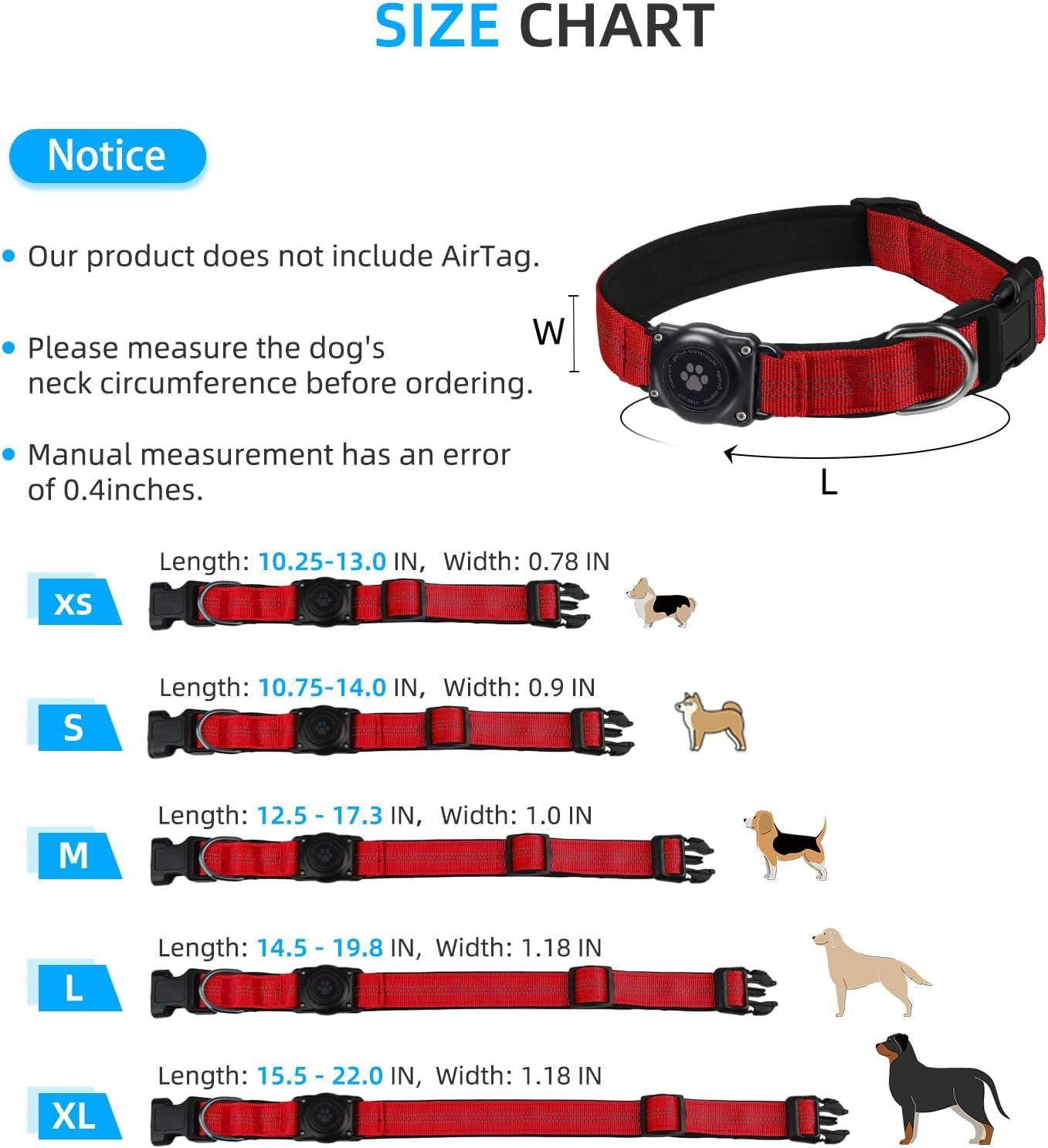 Upgraded Airtag Dog Collar, IP68 Waterproof Air Tag Dog Collar Holder, Reflective, Ultra-Durable, Comfortable Padded, Heavy Duty Dog Collars for Small Medium Large Dogs (M (12.6"-17.1"), Red)
