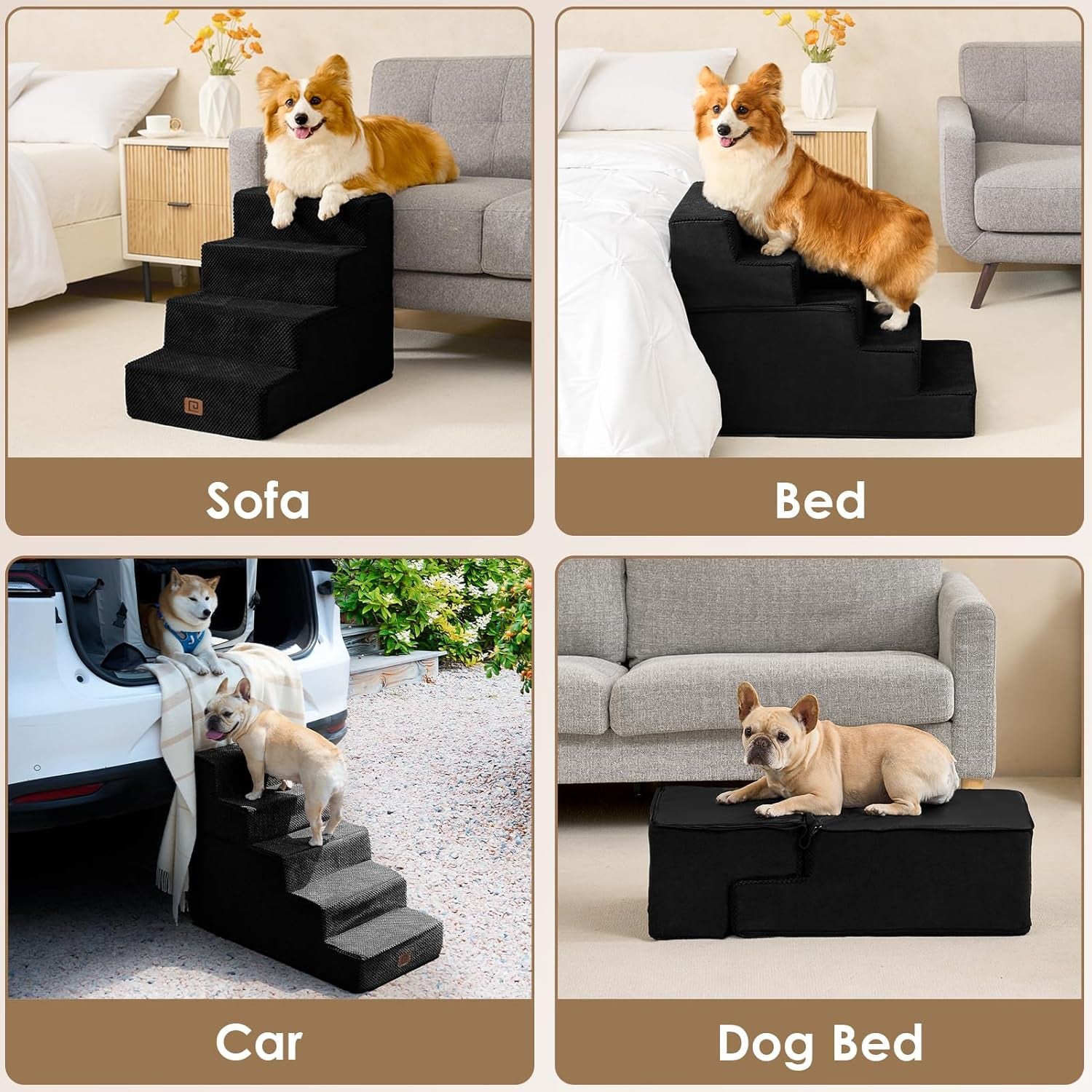 Dog Stairs for Bed 18" H, 4-Step Dog Steps for High Bed, Pet Steps for Small Dogs and Cats, Non-Slip Balanced Pet Ramp Indoor, Black