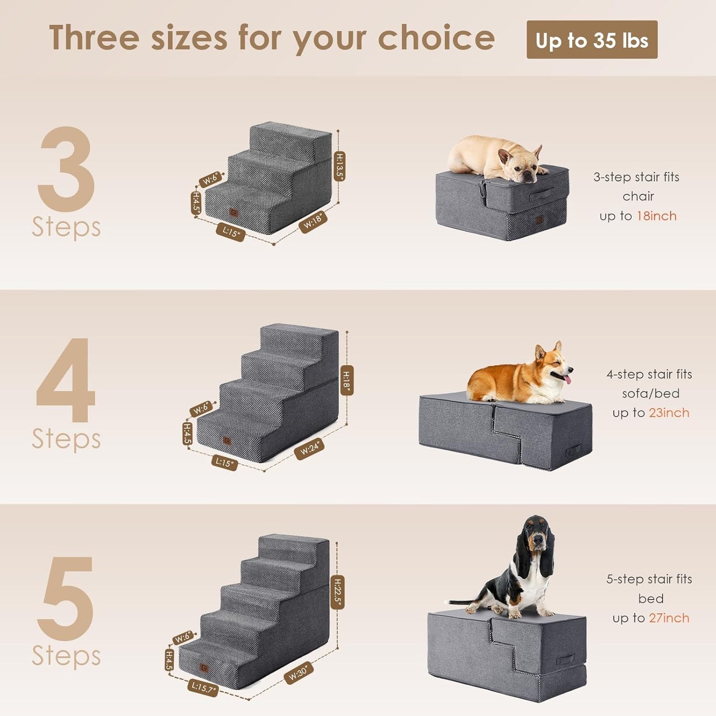 Dog Stairs for Bed 18" H, 4-Step Dog Steps for High Bed, Pet Steps for Small Dogs and Cats, Non-Slip Balanced Pet Ramp Indoor, Grey