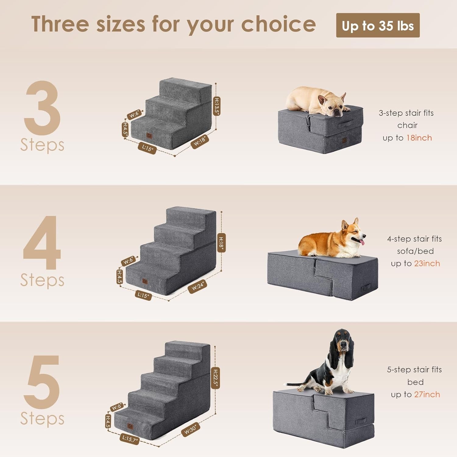Dog Stairs for Bed 18" H, 4-Step Dog Steps for High Bed, Pet Steps for Small Dogs and Cats, Non-Slip Balanced Pet Ramp Indoor, Grey