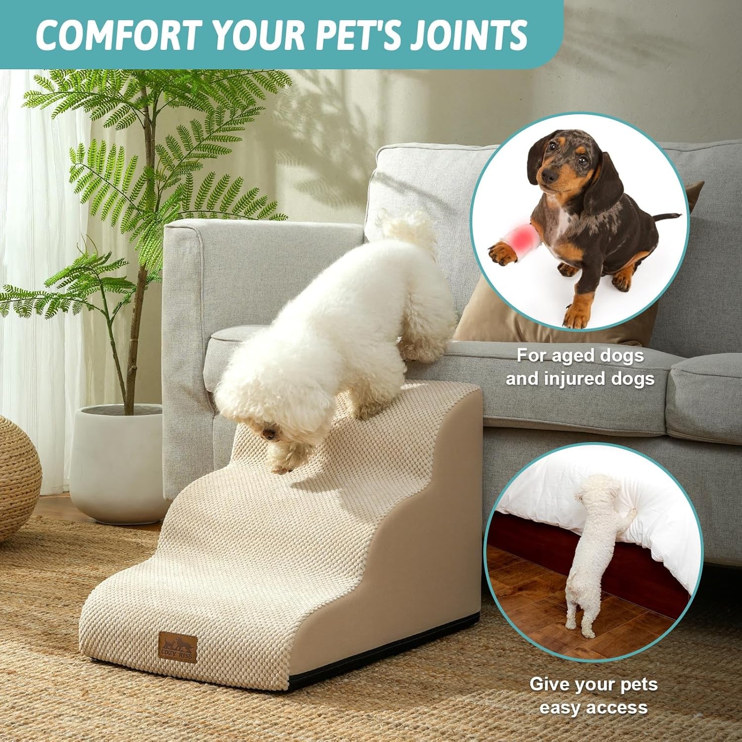 Dog Stairs for Small Dogs 15.7" H, Curved Dog Step for Puppy, Older Cat, Medium Pet Ramp for Sofa, Couch or Chair, Ladder with High Density Foam, 15.7X22.4X15.7 Inch, 3 Step, Beige