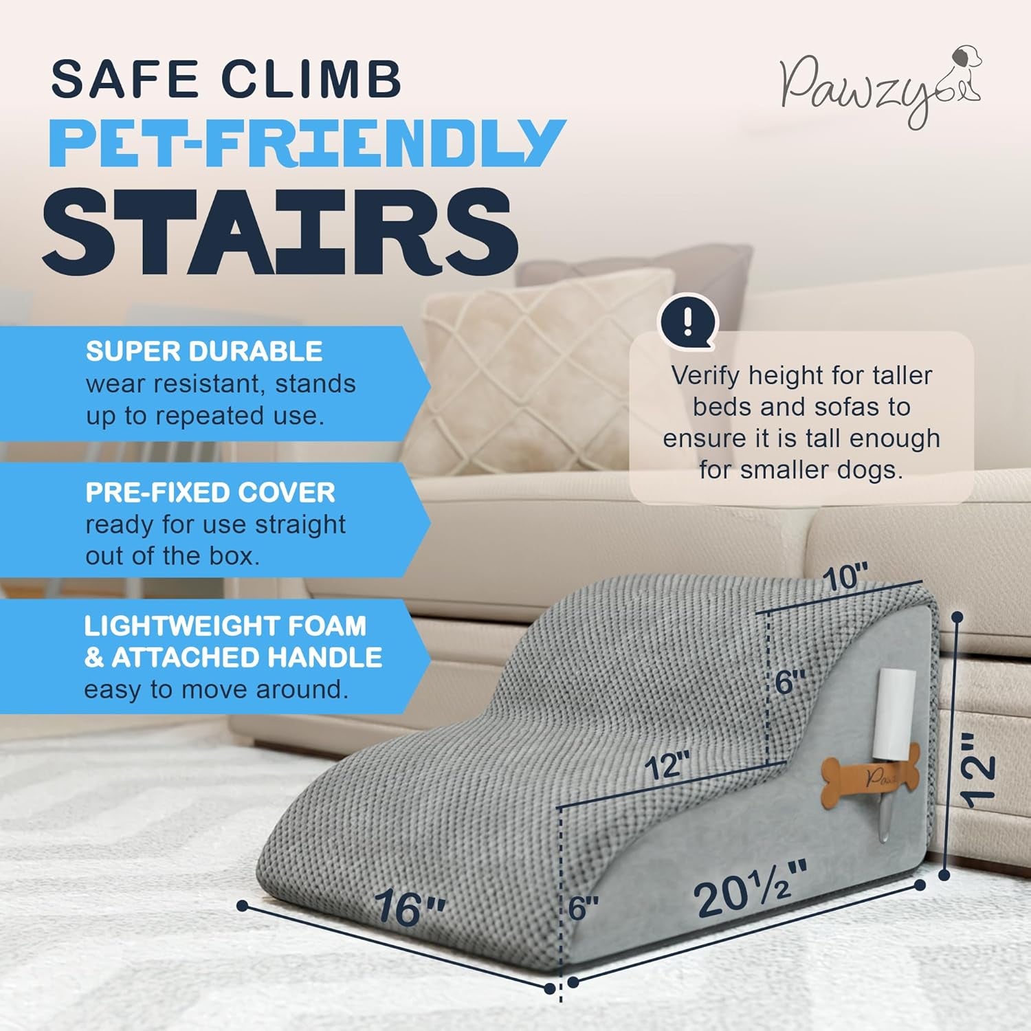 Foam Pet Stairs for Small Dogs & Cats – 2-Step Dog Ramp 12” High, Wide Non-Slip Steps for Bed & Couch – Washable Pre-Fitted Cover (No Assembly Required), Waterproof Base – Grey