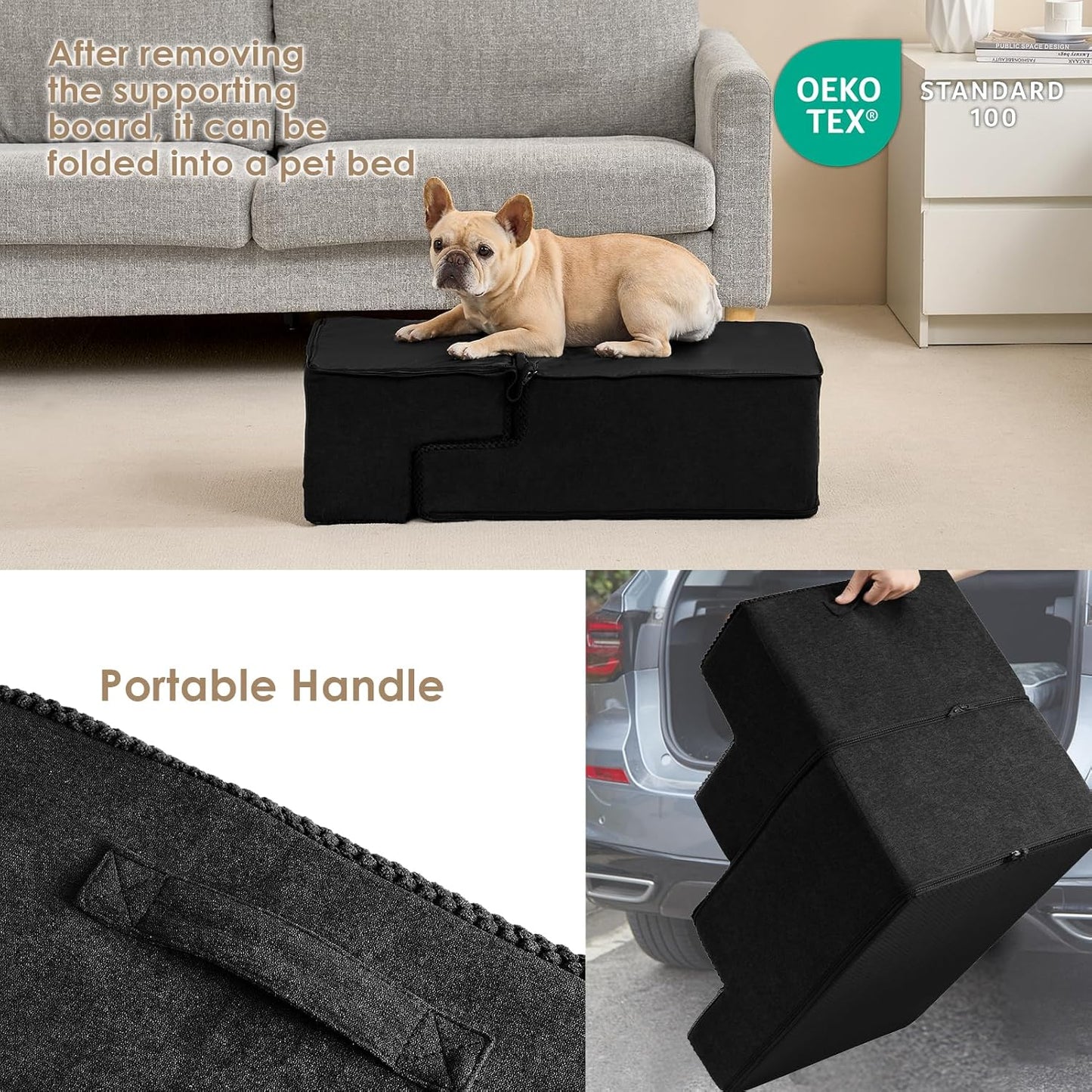 Dog Stairs for Bed 18" H, 4-Step Dog Steps for High Bed, Pet Steps for Small Dogs and Cats, Non-Slip Balanced Pet Ramp Indoor, Black