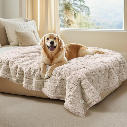 Waterproof Dog Blanket for Medium Large Dogs Washable Bed Couch Protector Soft Fluffy 3D Heart Jacquard Pet Blanket with Sherpa Fleece Cozy Calming Throw Blankets, Beige 85X57 Inch