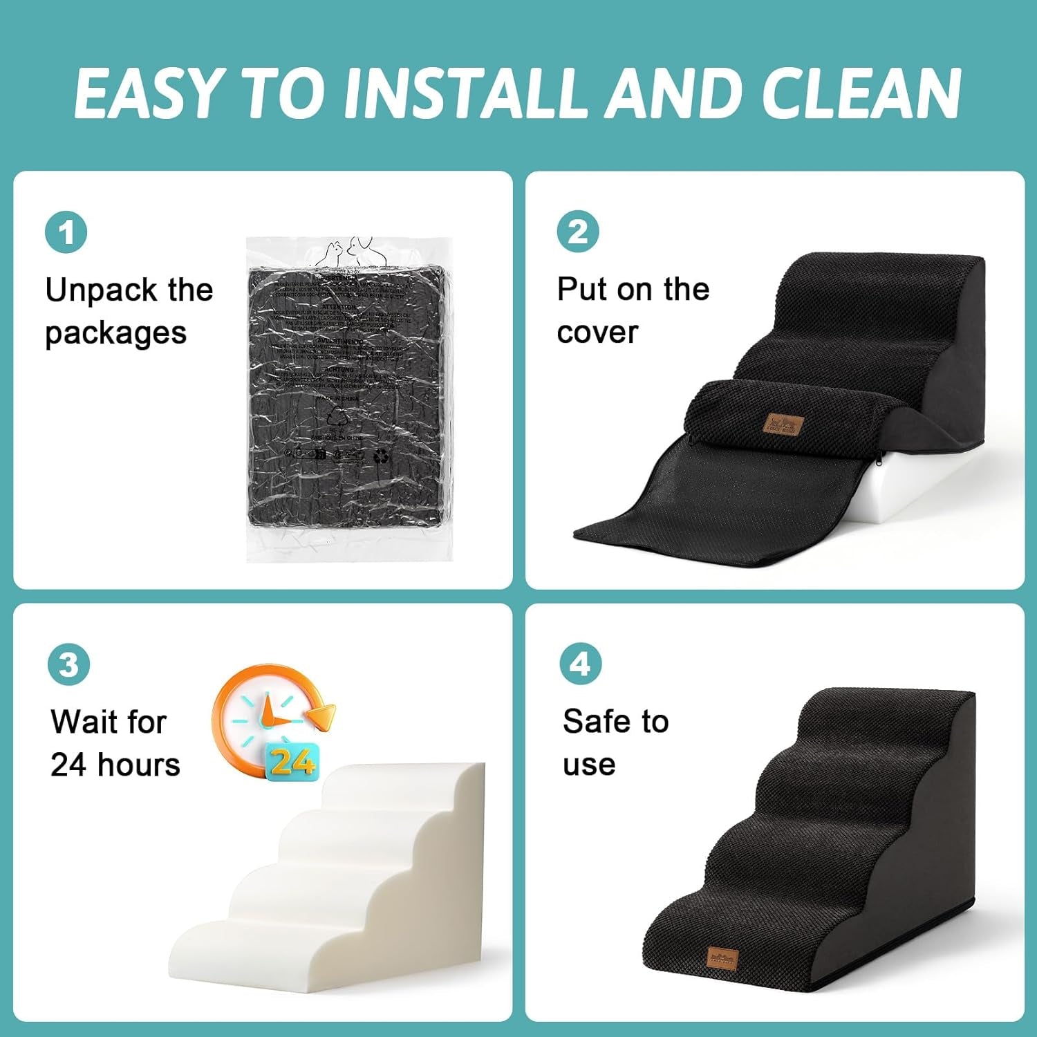 Dog Stairs for Small Dogs 15.7" H, Curved Dog Step for Puppy, Older Cat, Medium Pet Ramp for Sofa, Couch or Bed, Ladder with High Density Foam, 15.7X22.4X15.7 Inch, 3 Step, Black