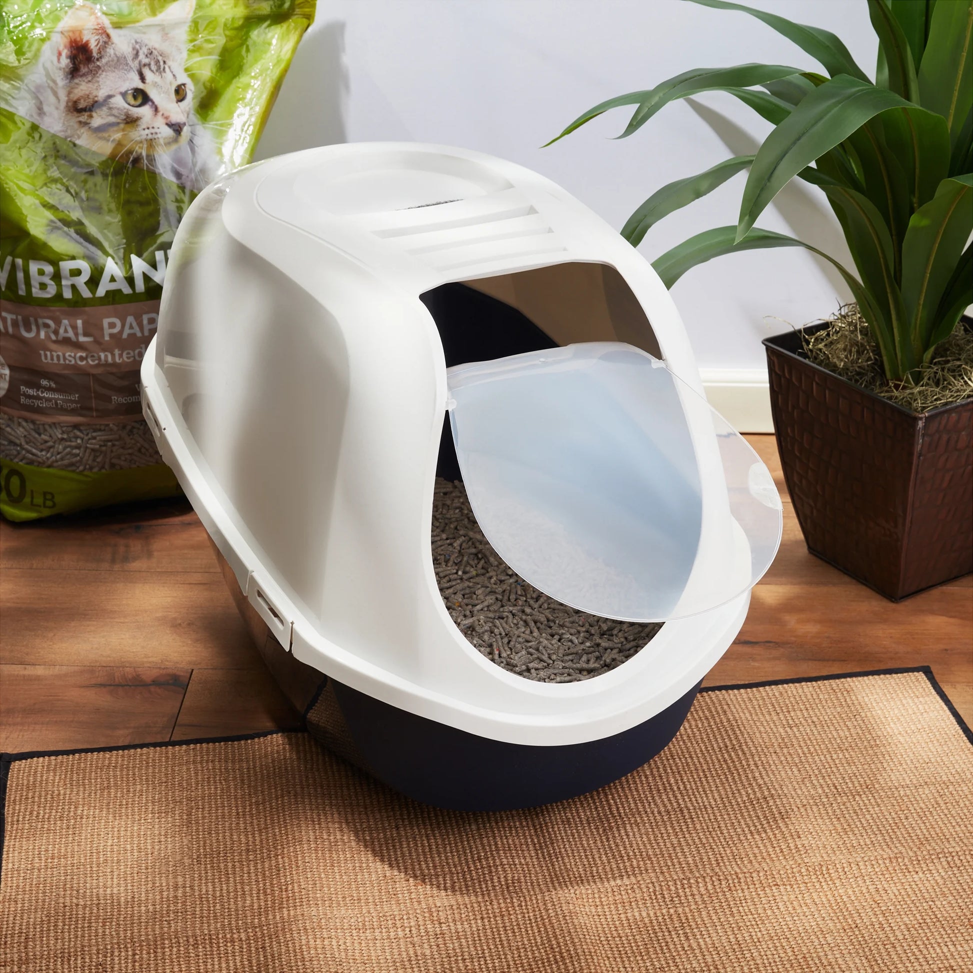 Mega Smart Cat Cove Enclosed Cat Litterbox, Navy & White
