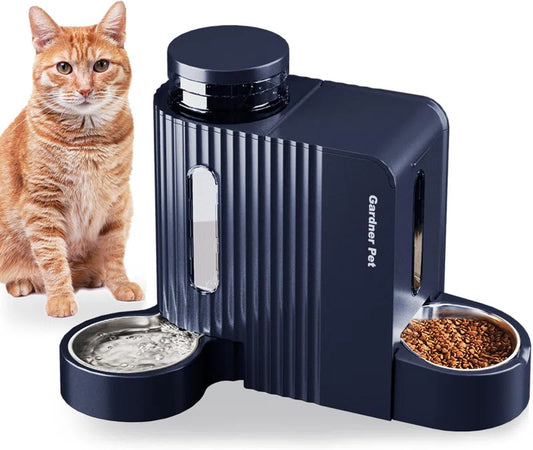 Automatic Gravity Cat Food Feeder and Water Dispenser Stainless Steel Two-In-One Set