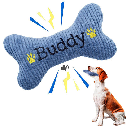 2025 Squeaky Dog Toys, Embroidered Bone Shape Blue Corduroy Pet Pillow 8"X5"With Black Buddy Text, Dog Chew Puzzle Toy Custom Color Birthday Gifts for Small Medium Dogs