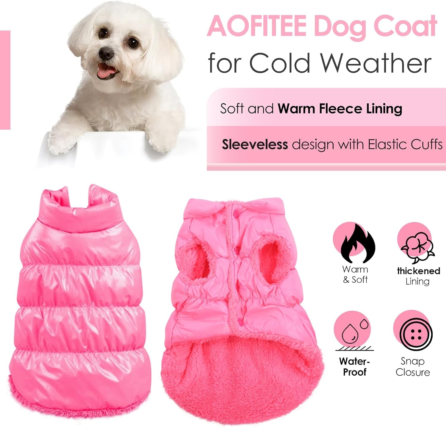 Dog Coat, Waterproof Dog Jacket, Winter Coats for Small Dogs, Windproof Dogs Puffer Jacket, Fleece Pet Snowsuit Puffer Vest with Snap Closure, Cold Weather Coats for Boy Girl Puppy, Pink, S