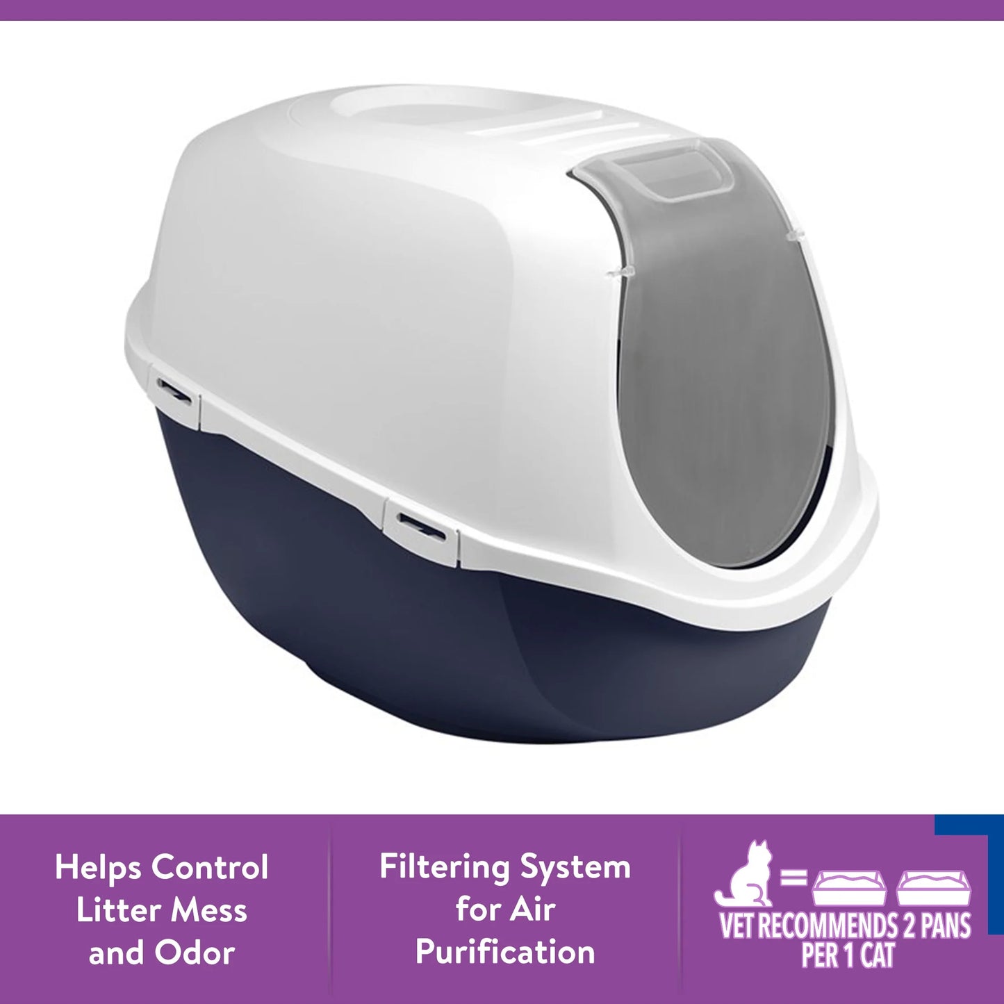 Mega Smart Cat Cove Enclosed Cat Litterbox, Navy & White