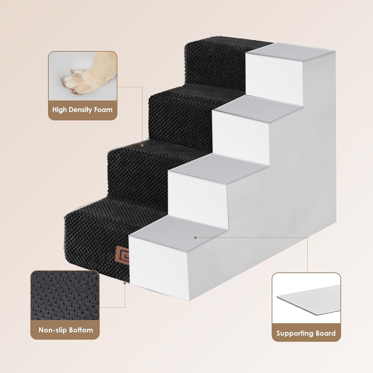 Dog Stairs for Bed 18" H, 4-Step Dog Steps for High Bed, Pet Steps for Small Dogs and Cats, Non-Slip Balanced Pet Ramp Indoor, Black