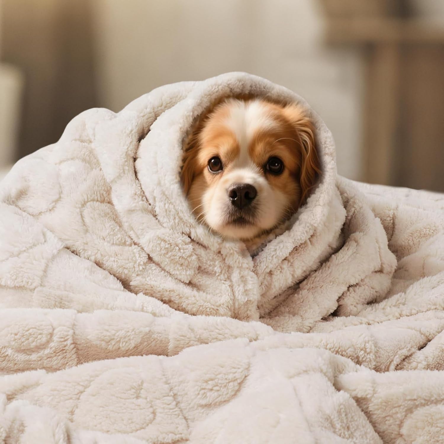 Waterproof Dog Blanket for Medium Large Dogs Washable Bed Couch Protector Soft Fluffy 3D Heart Jacquard Pet Blanket with Sherpa Fleece Cozy Calming Throw Blankets, Beige 85X57 Inch