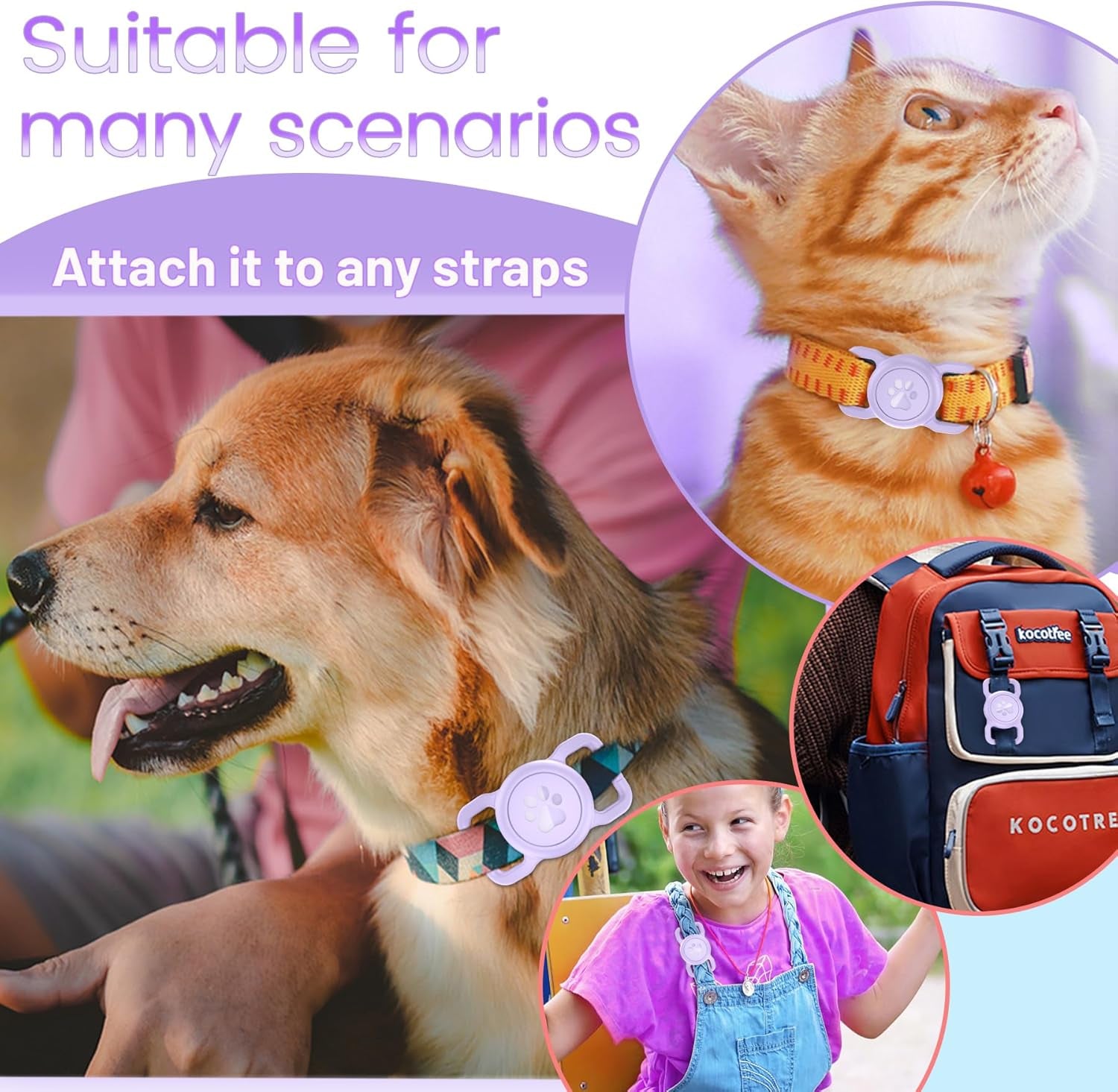 Airtag Dog Collar Holder, [1 Pack] Waterproof Airtag Collar Holder for Dog, Silicone Full Body Covered Anti-Lost Protective Apple Airtag Case for Pet Collar - Fits All Width Collars, Purple