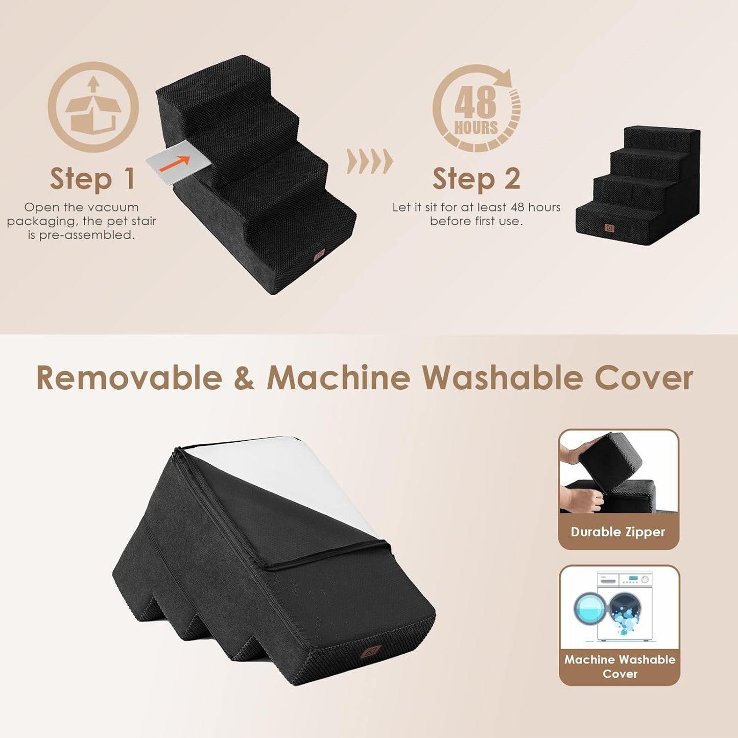 Dog Stairs for Bed 18" H, 4-Step Dog Steps for High Bed, Pet Steps for Small Dogs and Cats, Non-Slip Balanced Pet Ramp Indoor, Black