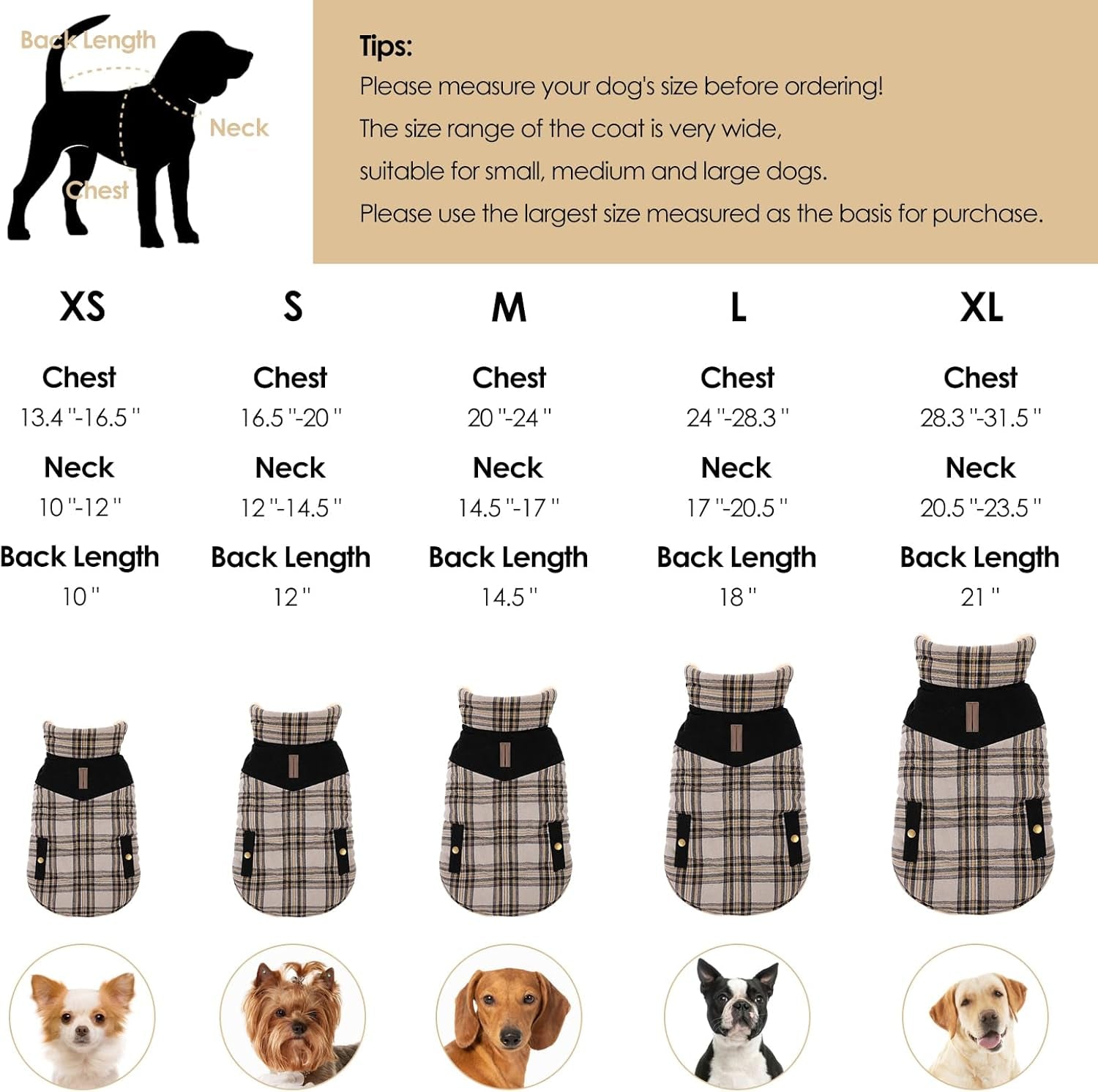 Dog Winter Coat for Small Dogs, Puppy Solid Jacket, Pet Warm Coat for Cold Weather, Windproof Pets Thickened Outfits Garments Indoor Outdoor, Beige XS