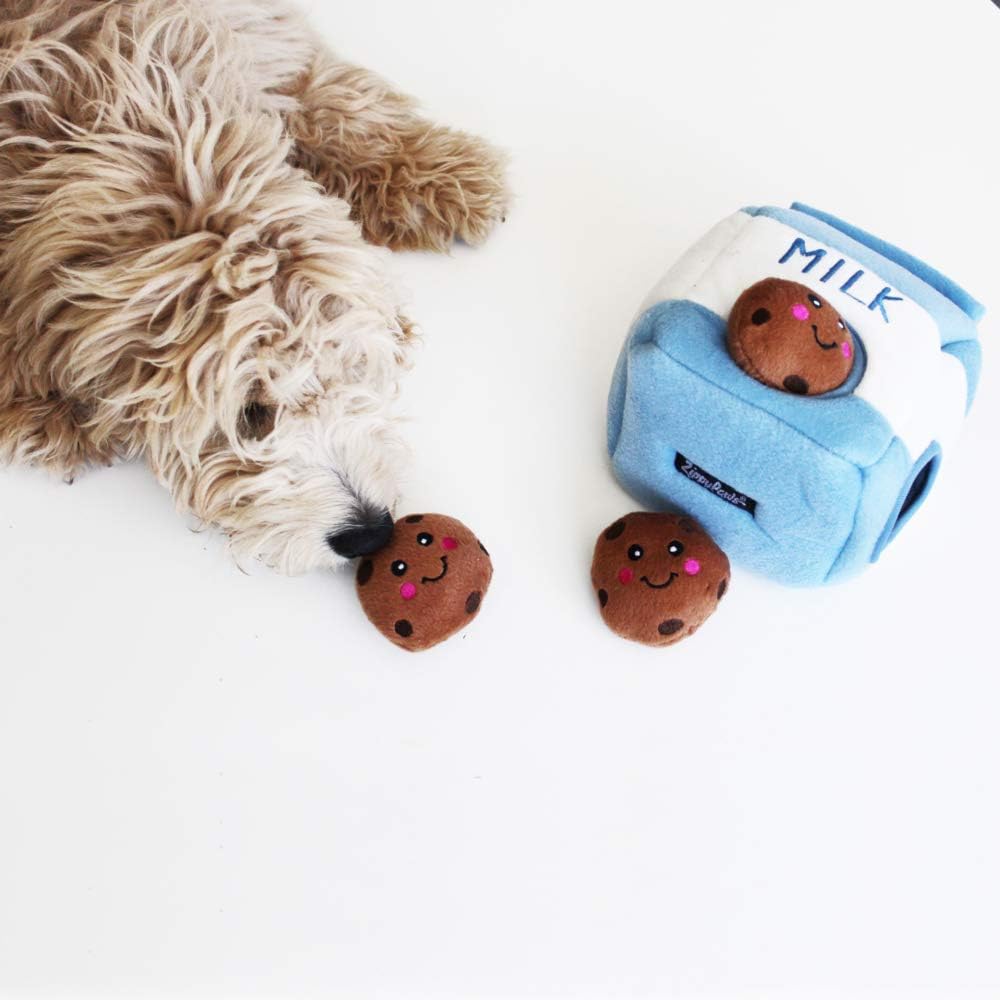 Burrow- Interactive Dog & Puppy Toys for Boredom, Stimulating Pet Products to Keep Them Busy, Hide & Seek Plush Puzzles, Squeaky Toy for Enrichment, for Small & Medium Dogs- Milk and Cookies