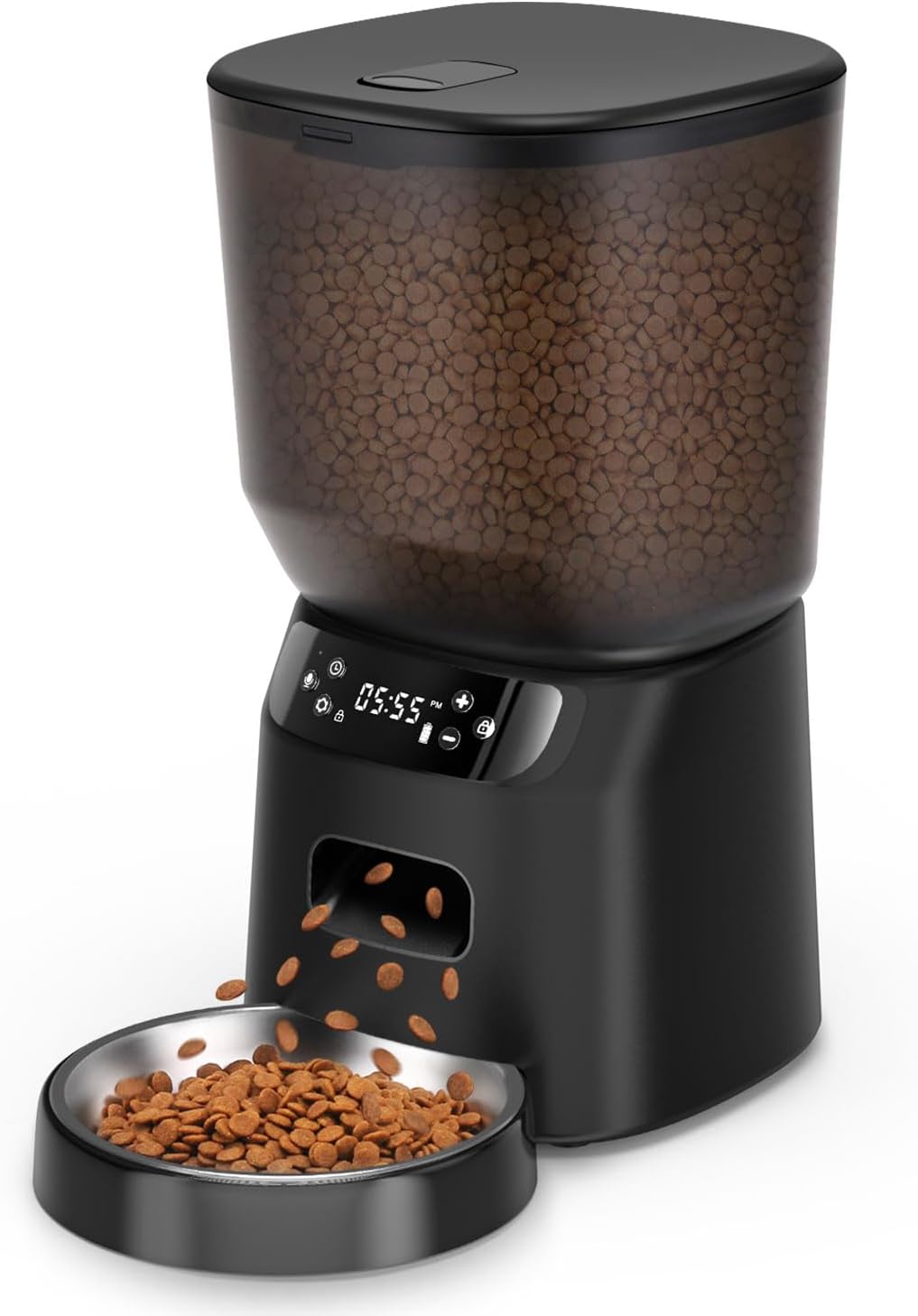 Automatic Cat Feeder, Cat Food Dispenser with Stainless Steel Bowl, Timed Portion Control 20 Portions 6 Meals per Day, Voice Recorder, Dual Power Supply for Small Dogs (Black)