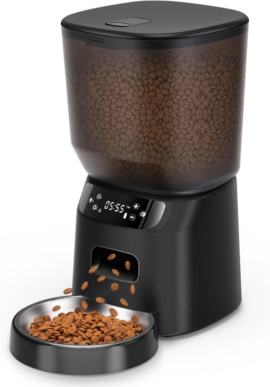 Automatic Cat Feeder, Cat Food Dispenser with Stainless Steel Bowl, Timed Portion Control 20 Portions 6 Meals per Day, Voice Recorder, Dual Power Supply for Small Dogs (Black)