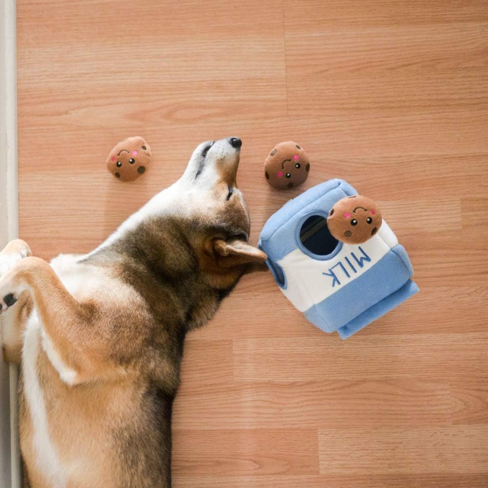 Burrow- Interactive Dog & Puppy Toys for Boredom, Stimulating Pet Products to Keep Them Busy, Hide & Seek Plush Puzzles, Squeaky Toy for Enrichment, for Small & Medium Dogs- Milk and Cookies