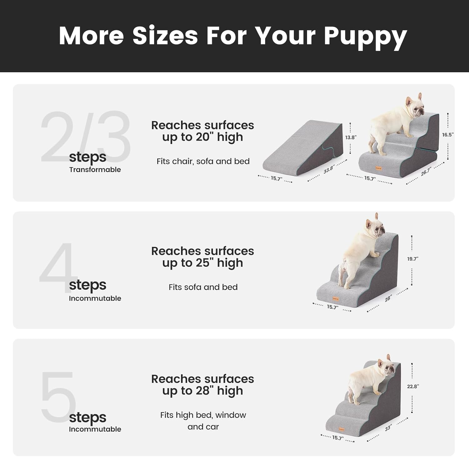 Dog Stairs for Small Dogs 16.5" H, 2 in 1 Transformable 3-Step Pet Stairs and Ramp, Dog Steps for Couch (13-20 In) with Durable Non-Slip Waterproof Cover and Certipur-Us Certified Foam