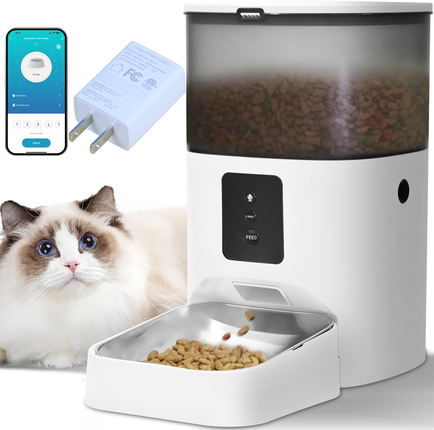 2.4G Wifi Automatic Cat Feeder, 4L Food Dispenser with 10S Voice Recorder, Pet Feeder up to 10 Meals per Day, Timed Cat Feeder with Dry Food Sealed Ring (White, 4L-Wifi)