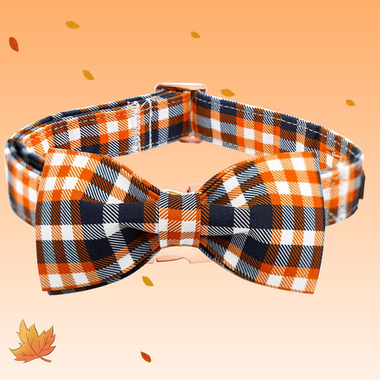 Fall Dog Collar, Halloween Dog Collar Orange Plaid Pet Collars with Bowtie Puppy Metal Buckle Cotton Girls Boys Adjustable Pet Collars for Small Dogs
