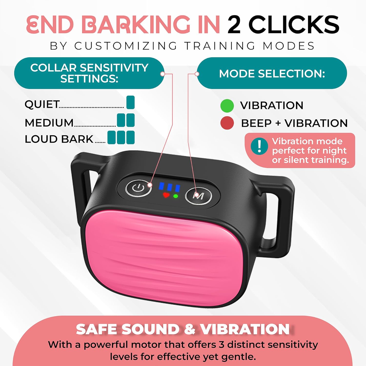 Bark Collar for Small/Medium Dogs, No Shock anti Bark Collar, Rechargeable anti Barking Collar W/2 Vibration & Beep Modes, Waterproof Shockless Smart Dog Stop Barking Control Device (Pink)