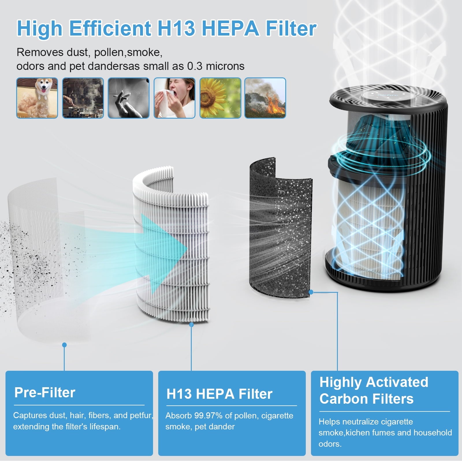HEPA Air Purifier for Home up to 1300 Sq.Ft, Air Purifiers for Allergies and Asthma, Bedroom, Pet Dander&Odor, Dust, Pollen, Wildfire/Smoke, Model AP201, Black