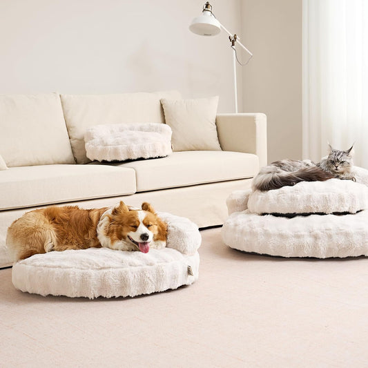 Small Dog Bed and Cat Couch for Puppy and Kitten - Fluffy Faux Rabbit Fur Pet Sofa with Washable Removable Cover, Waterproof and Non-Slip, 23 Inch Cream