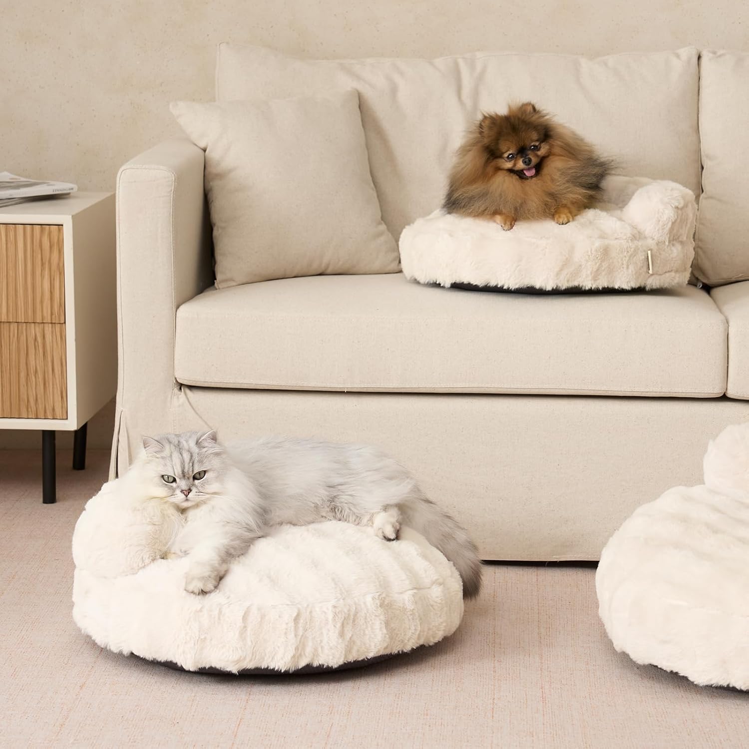Small Dog Bed and Cat Couch for Puppy and Kitten - Fluffy Faux Rabbit Fur Pet Sofa with Washable Removable Cover, Waterproof and Non-Slip, 23 Inch Cream