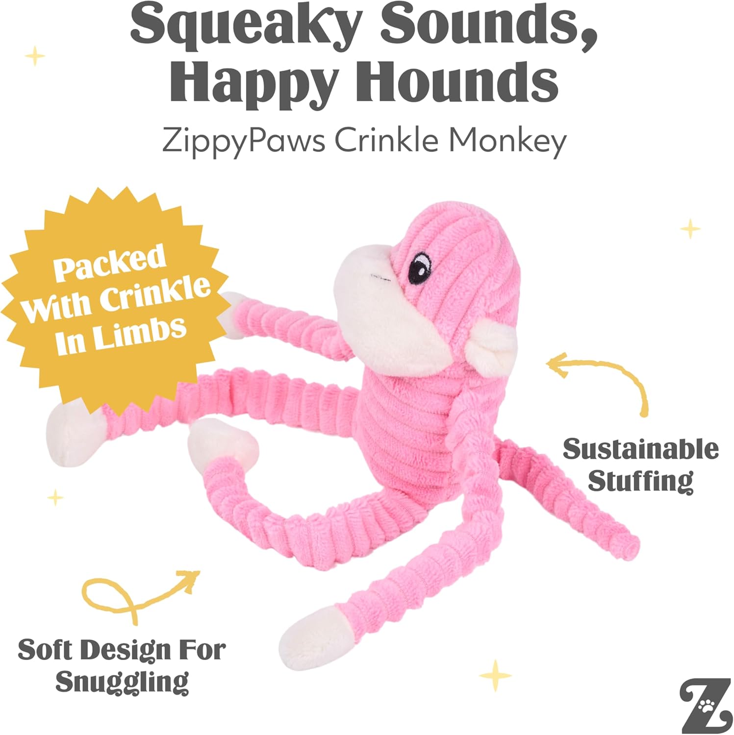 Crinkle Monkey - Interactive Dog Toys to Keep Them Busy, Squeaky Plush Pet Toy for All Breeds, Cute Gift for Small and Medium Dogs, Contains 1 round Squeaker - Small, Pink
