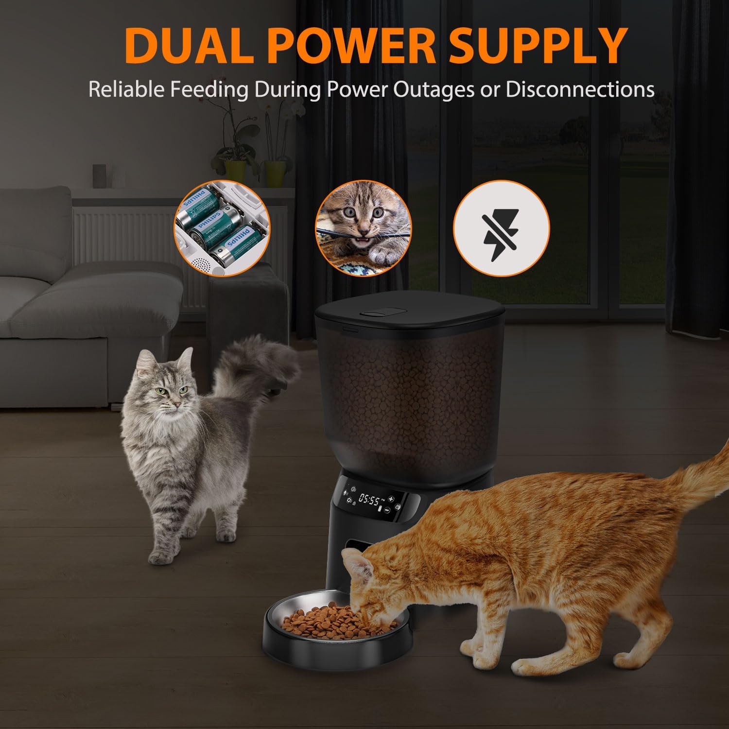 Automatic Cat Feeder, Cat Food Dispenser with Stainless Steel Bowl, Timed Portion Control 20 Portions 6 Meals per Day, Voice Recorder, Dual Power Supply for Small Dogs (Black)