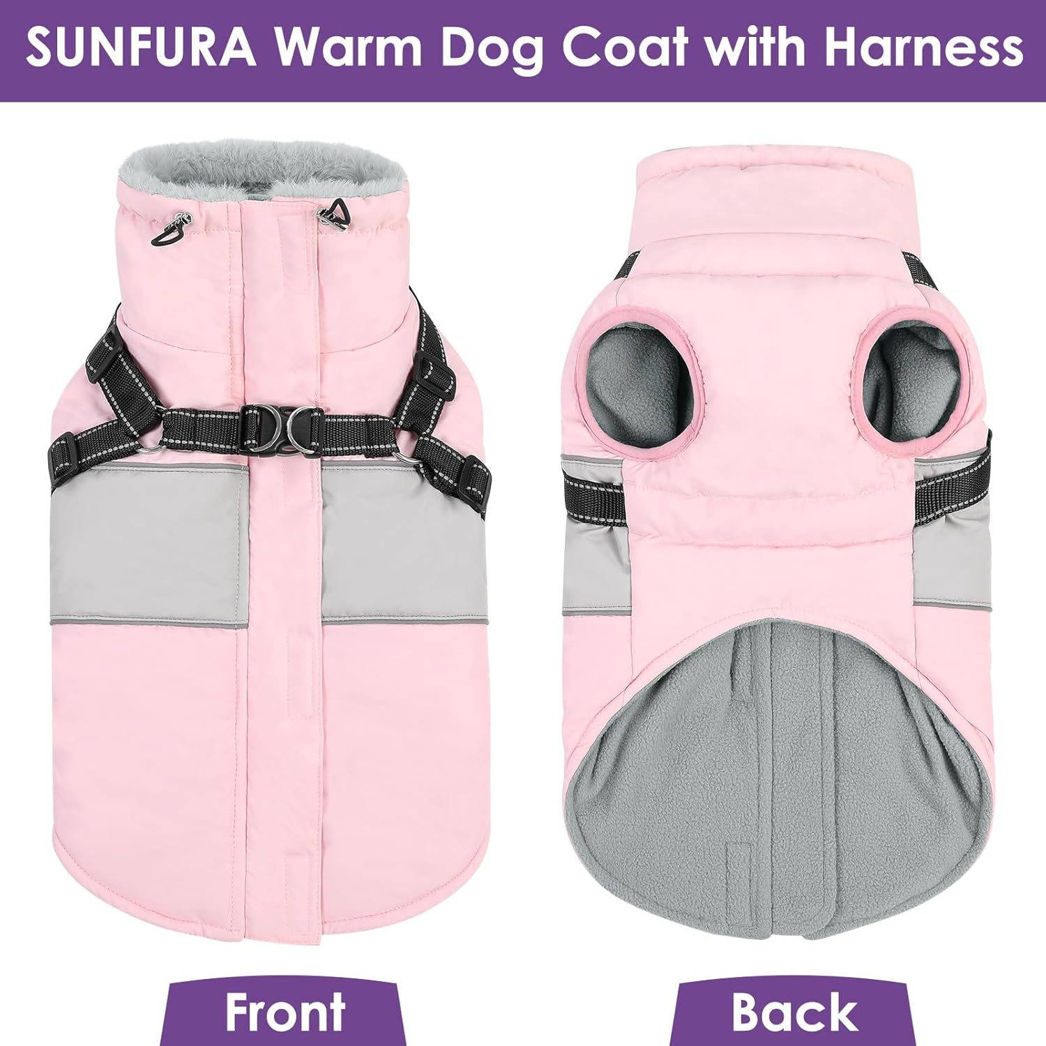 Small Dog Coat with Harness Built In, Warm Dog Jacket Winter with Zipper on Back, Waterproof Pet Snow Jacket Snowsuit Pet Sweater Clothes for Schnauzer, Yorkshire Terrier, Pink S