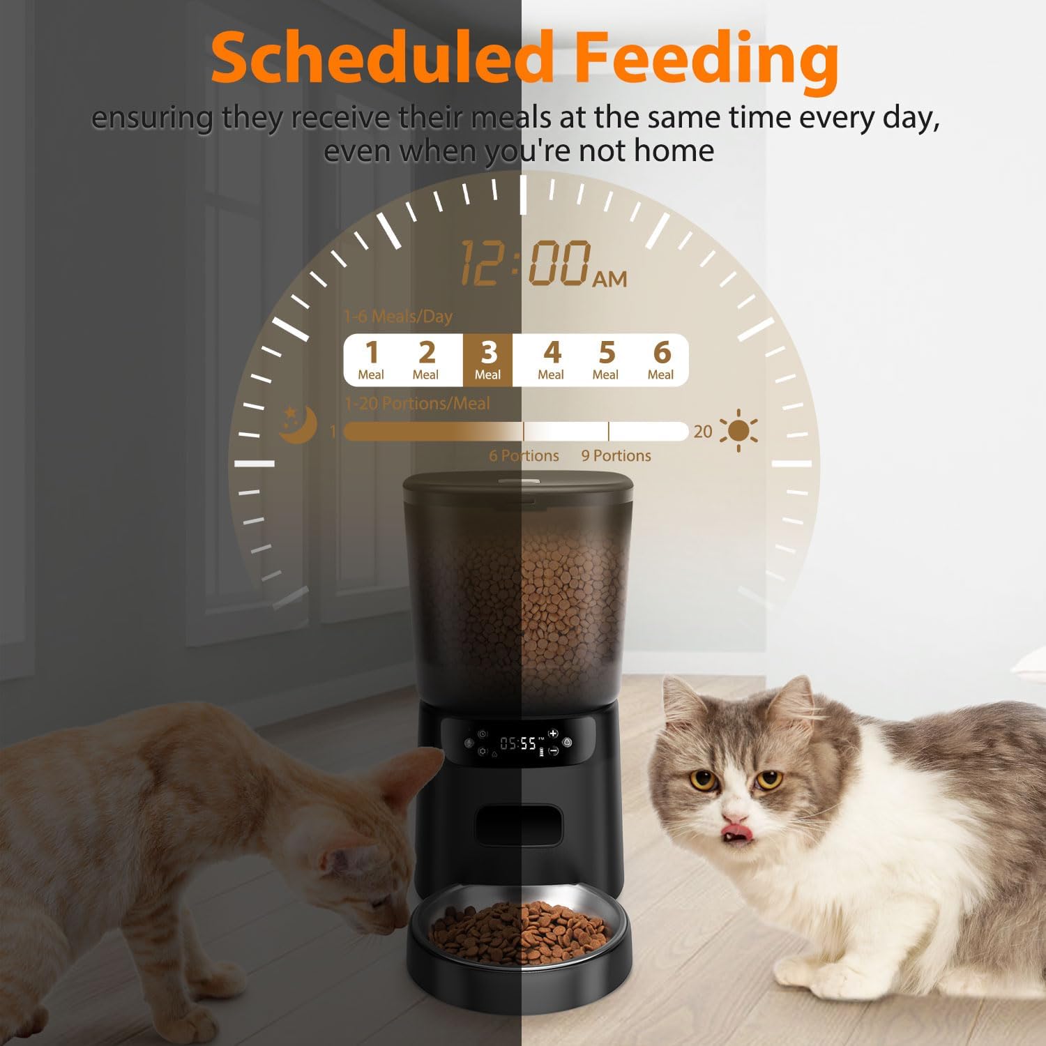 Automatic Cat Feeder, Cat Food Dispenser with Stainless Steel Bowl, Timed Portion Control 20 Portions 6 Meals per Day, Voice Recorder, Dual Power Supply for Small Dogs (Black)