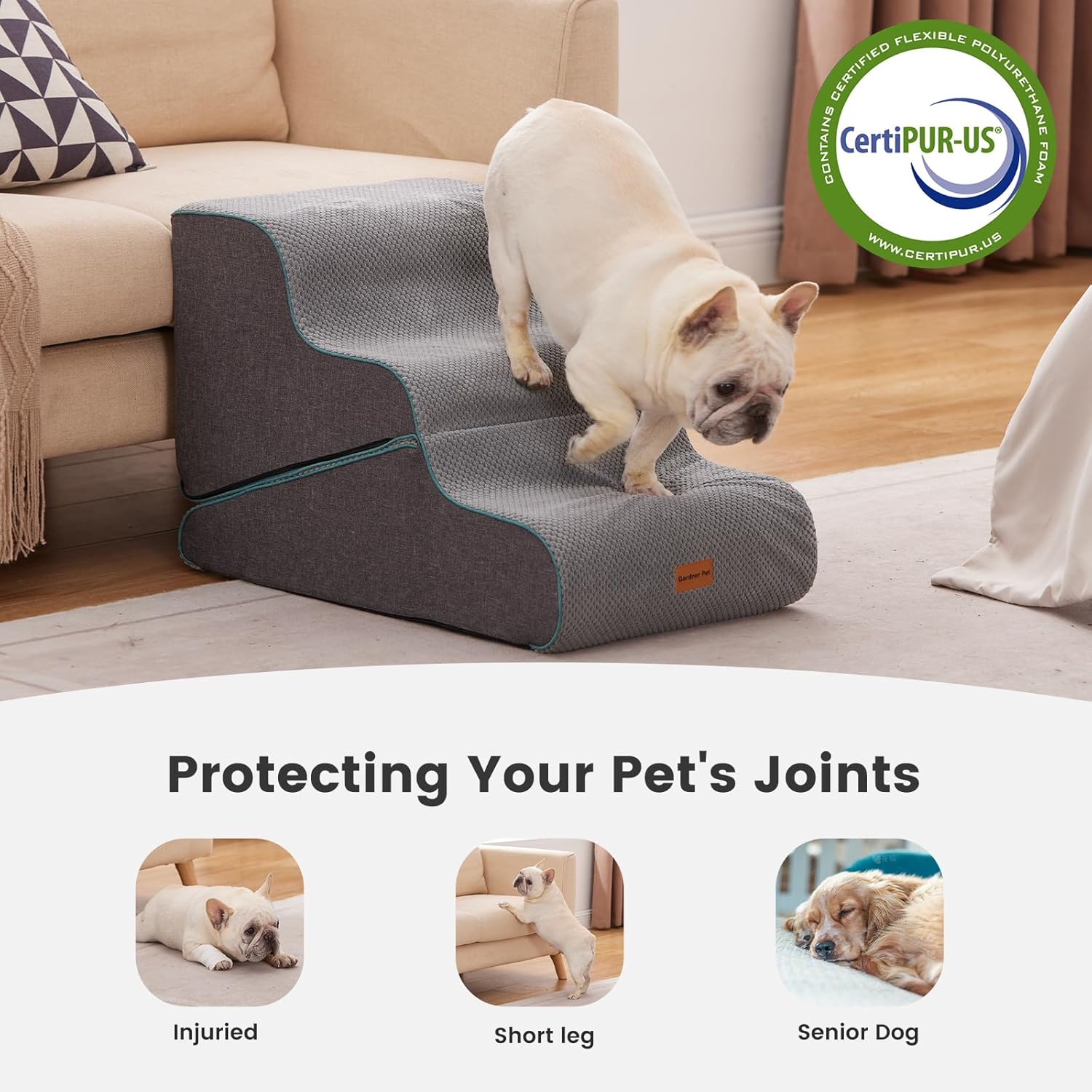 Dog Stairs for Small Dogs 16.5" H, 2 in 1 Transformable 3-Step Pet Stairs and Ramp, Dog Steps for Couch (13-20 In) with Durable Non-Slip Waterproof Cover and Certipur-Us Certified Foam